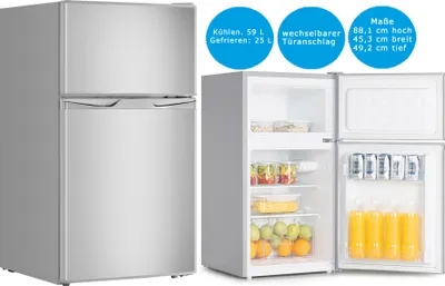 A collage showing a silver refrigerator from the front and an open view of its interior, along with text overlays detailing its features and dimensions.