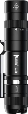 A close-up, studio shot of a black WUBEN L3 LED flashlight against a white background.