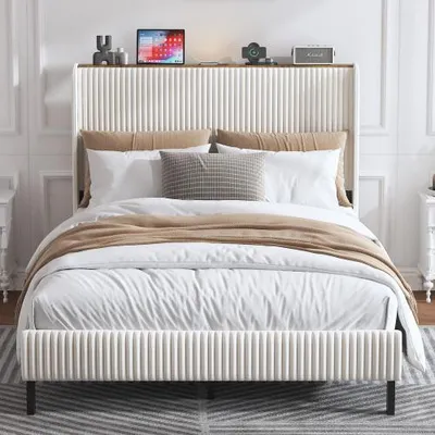 Obrázek produktu pro Čalouněná postel AIORBER 160x200 cm s manšestrovou látkou, úložný prostor, kovový rám, USB a LED, tichá a stabilní, moderní postel na platformě, béžová krémová