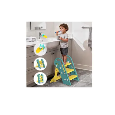 Produktbild von Onasti Kinder-Trittleiter, höhenverstellbar, 3 Stufen, mit Griffen, klappbar, kippsicher und rutschfest, für Küche, Bad, Waschbecken und Toilette