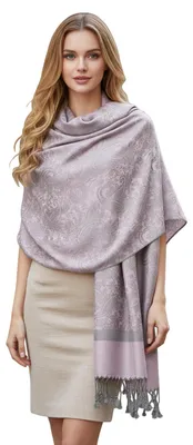 Immagine prodotto di PASHMLNA: Sciarpa in cashmere, motivo Paisley, tessuto jacquard, stola, color rosa chiaro, grigio, taglia grande