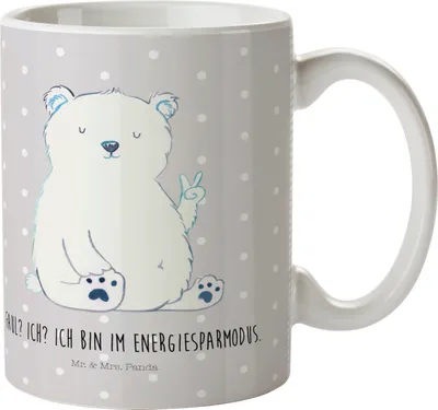 Produktbild von Mr. & Mrs. Panda Henkelbecher Eisbär Faul - Grau Pastell - Geschenk, Mehrwegbecher, Arbeit, Trinklernbecher, Büro, Bürojob, Kindertasse, Arbeitsplatz, Plastikbecher, Bär