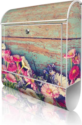 Produktbild von banjado Design Briefkasten Stahl weiß mit Zeitungsfach pulverbeschichtet "Blumenpfücken" 38x46x12,5cm & 2 Schlüssel - Postkasten A4 Einwurf inkl. Montagematerial [BKW 11210]