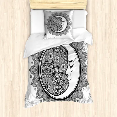 Produktbild von ABAKUHAUS Tierkreis Mantele, Mandala Mond Bohemian, Milbensicher Allergiker geeignet mit Kissenbezügen, 135 cm x 200 cm - 80 x 80 cm, Schwarz-Weiss