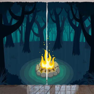 Zdjęcie produktu dla ARANDE Szczęśliwy kempingowicz Zasłona, ilustracja kreskówkowa przedstawiająca samotne ognisko w lesie nocą, 280 x 175 cm, ciemny fioletowo-niebieski turkus
