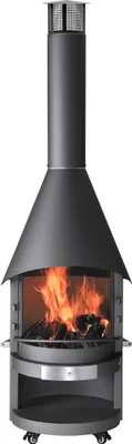 A freestanding outdoor fireplace with a chimney, showing a fire burning inside.