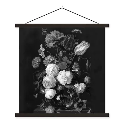 Obrázok produktu pre MuchoWow® Textilný plagát - Zátišie s kvetmi v sklenenej váze - Maľba od Jan Davidsz. de Heem - čiernobiela - 40x40cm - S čiernymi lamelami