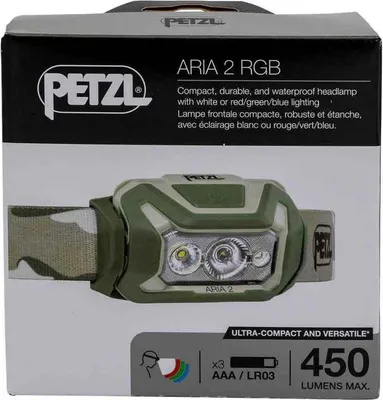 Image de Petzl ARIA 2 RVB-ÉCLAIRAGE CAMO Lampe frontale compacte, robuste et étanche avec éclairage blanc ou rouge/vert/bleu pour préserver la vision nocturne et le camouflage. 450 lumens (E070BA01)