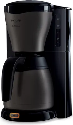 A black Philips coffee maker with a titanium-colored carafe and filter holder, shown from a side angle on a white background.