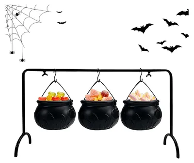 Produktbild von Hexenkessel-Set, 9-teilig, aus ABS-Kunststoff, mit Metallgestell und Edelstahlhaken, Halter für Süßigkeiten-Eimer für Halloween, Partys, Zuhause, Veranda, Dekoration
