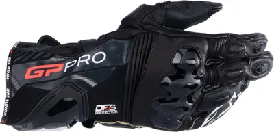 A black motorcycle glove with red and white branding.