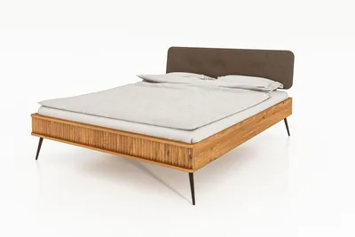 Produktbild von Bett Tula 2 aus Wildeiche massiv 180x200 cm mit Polsterkopfteil und Metallbeinen