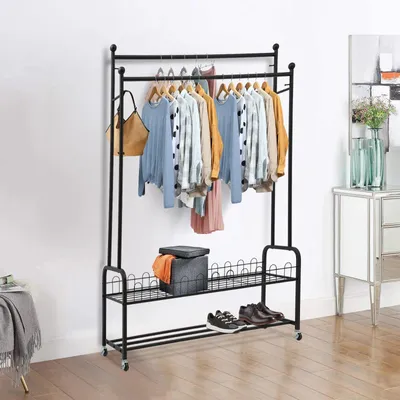 Image de Porte-vêtements - Double tringle - À roulettes - Deux étagères - Acier - Pour chambre à coucher/couloir/balcon - Noir