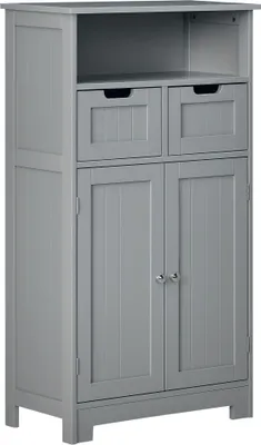 Image de kleankin Meuble de salle de bain, meuble de rangement avec 2 tiroirs, niche, placard avec porte, étagère réglable, armoire de salle de bain, cuisine, salon, 60 x 30 x 109 cm, gris