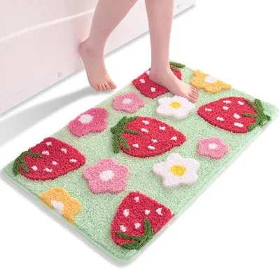 Immagine prodotto di Tappetino da bagno verde, fragola, antiscivolo, lavabile, tappetino da bagno, dai colori vivaci, morbida microfibra, tappetino da doccia, assorbente, 50 x 80 cm