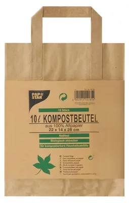 Immagine prodotto di 300 sacchetti per compost Papstar in carta con manici 10 l 28 cm x 22 cm x 14 cm marroni stampati 14185