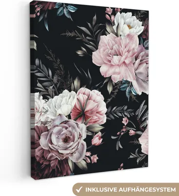 Produktbild von MuchoWow® - Leinwandbilder - Vintage - Rosen - Romantisch - Blumen, Wandbild, Wanddeko Bilder Wohnzimmer, 90x120cm