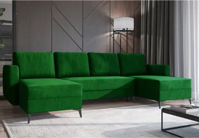 Produktbild von Easy4You Ecksofa Grün JORD U-Form – 303x94x145 cm - Schlafsofa mit Bettkasten und Schlaffunktion - Eckcouch mit Stauraum, Metallfüße und Kissen – Stoff Manila 35