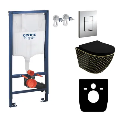 Produktbild von GROHE Vorwandelement Solido + Wand Hänge WC Sofi Slim Black Night Schwarz Spülrandlos + WC-Sitz SoftClose | Verchromter Knopf | Komplettset | Unterputz Spülkasten |  Toilette Komplett Sett