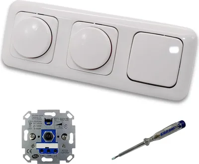 Produktbild von REV Ritter (2 x) LED Drehdimmer Dimmer + Busch Jäger Dimmerscheiben 2115-214 und Lichttaster 2020 US in Reflex Si alpinweiß glänzend inklusive EBROM Phasenprüfer zur Montage der Geräte ET1 66012B