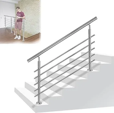 Produktbild von ACXIN Handlauf Geländer Treppengeländer Ø 42 mm Geländerstäben aus Edelstahl Terrassengeländer Bodenmontage Bausatz Treppen (200cm, 5 Querstreben)