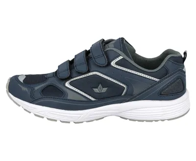 A side view of a single blue athletic shoe with white soles and gray accents.