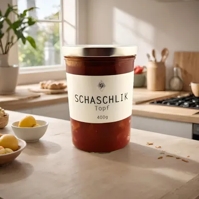 Produktbild von Schaschliktopf im Glas – Metzgerei Guber – herzhaft in pikanter Soße – frisch gekocht