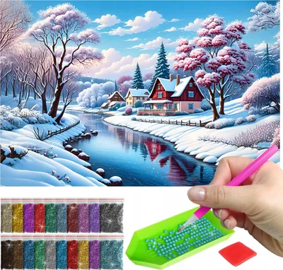 Produktbild von ARTULIO Diamond Painting Set - Winterhaus am Fluss in verschneiter Szenerie - 60 x 40 cm - Groß XXL - 5D Crystal Art, Bilder DIY