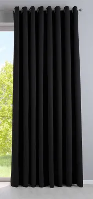 A black curtain hangs in front of a window, with greenery visible outside.