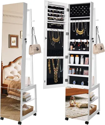 Image de Armoire debout avec étagères à bijoux, porte-vêtements, roulettes, miroir et éclairage