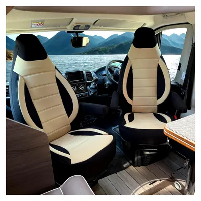 Produktbild von Sitzbezüge passend Kompatibel FIAT Ducato Wohnmobil 2-teiliges Set für Fahrer & Beifahrer mit Armlehnenbezügen,kompatibel mit Pössl, Knaus, Adria, Carthago u.a Schwarz - Beige