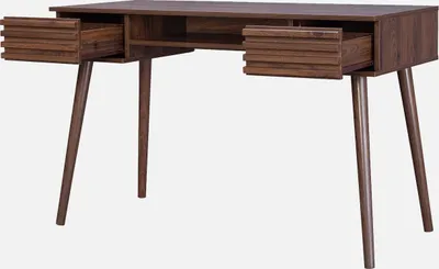 A dark brown wooden desk with two open drawers and tapered legs, shown against a plain white background.