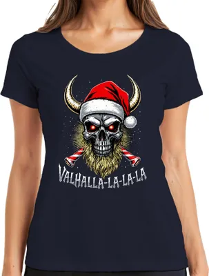 Produktbild von Valhalla La La La Wikinger Totenkopf Bart Santa Weihnachten Damen T-Shirt, Navy, XL