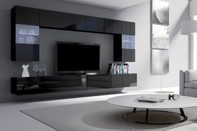 Produktbild von Selsey - Wohnwand / Wohnzimmer Set KIRDON groß mit 2 x TV-Hängeboard, 2 x Hängevitrinen und 2 x Hängeboards (Schwarz matt / Schwarz Hochglanz mit LED in Blau)