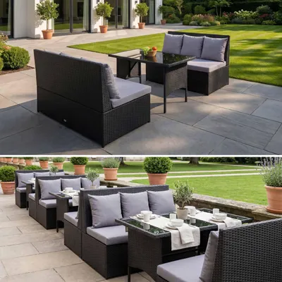 Produktbild von Poly-Rattan Garnitur HWC-G16, Garten-/Lounge-Set Sitzgruppe, Gastronomie 2x2er Sofa Tisch  schwarz, Kissen hellgrau