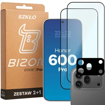 Produktbild von Gehärtetes Glas - 2 Stück + Kameraschutz für Honor 600 Pro 5G, Bizon Glass Edge Pack, Schwarz