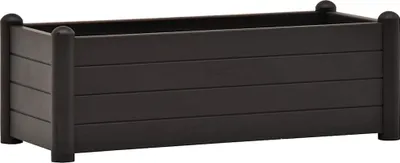 A dark brown rectangular planter box with a slatted design and rounded corner posts, shown against a white background.