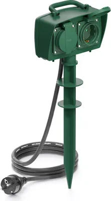 Produktbild von deleyCON 2 Fach Outdoor Steckdose mit Erdspieß Stromverteiler Außenbereich 2x Schutzkontakt Buchse Kindersicherung IP44 Spritzwassergeschützt Witterungsbeständig Garten Terrasse Beet 5m Kabel