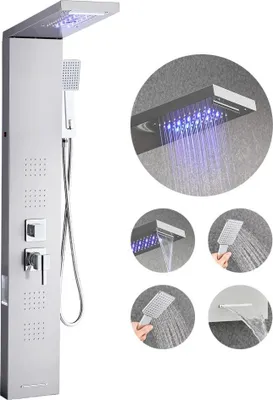 Immagine prodotto di sistema a torre 5 in 1 per pannelli doccia - colonna in acciaio inox con soffione a pioggia LED - colonna doccia a parete con soffione a pioggia - attrezzatura da bagno