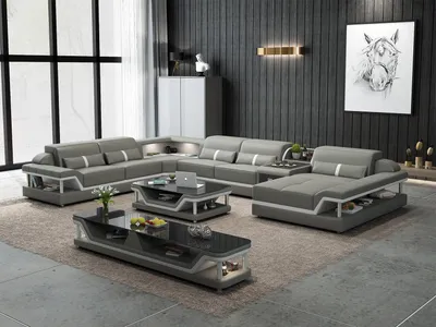 Image de Aménagement salon en forme de L, canapé d'angle, table basse, meuble de rangement, ensemble de salon design en 3 pièces