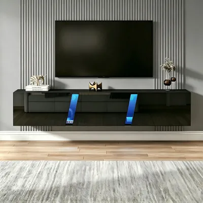 Produktbild von 180 x 35 x 30 cm, wandmontierter TV-Schrank, Lowboard TV-Schrank mit LED-Leuchten, TV-Ständer mit 3 Schranktüren, geeignet für 75-Zoll-Fernseher, TV-Schrank Fernsehschrank Hochglanz, Schwarz