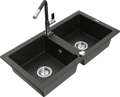 Produktbild von Mexen Mario 2-Becken-Granitspüle mit Mischbatterie Flora, Schwarz/Gold metallisch - 6504-75-670401-07
