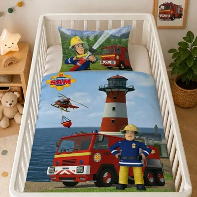 Produktbild von Baby Bettwäsche 100 x 135 cm Feuerwehrmann Sam (Klein-) Kinderbettwäsche Set mit Wende-Motiv 2-teilig aus 100% Baumwolle mit Reißverschluss