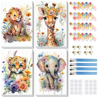Produktbild von Malen nach Zahlen Set mit Tieren - Löwe, Tiger, Elefant und Giraffe