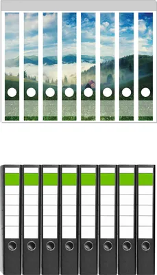 Produktbild von Wallario 8 Stück schmale Ordner inkl. Klebeetiketten mit Motive Morgennebel zwischen Berghängen -  Set mit Rückenschildern / Ordnerrücken Stickern
