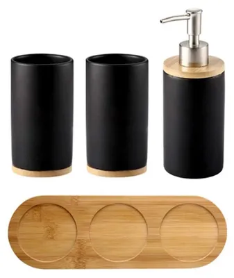 Imagen del producto de Juego de baño de cerámica de 4 piezas con bandeja de madera