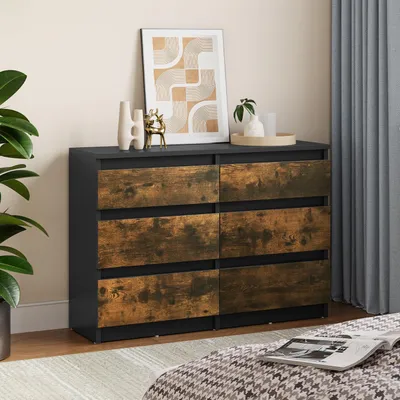 Obrázek produktu pro Komoda do ložnice, 6 zásuvek, s pojezdy, rozměry 100 x 30 x 70 cm, barva: černá, rustikální hnědá