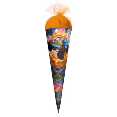 Produktbild von ROTH Geschenk-Schultüte klein Monstertruck Fire 35 cm rund Tüllverschluss Zuckertüte Schulanfang