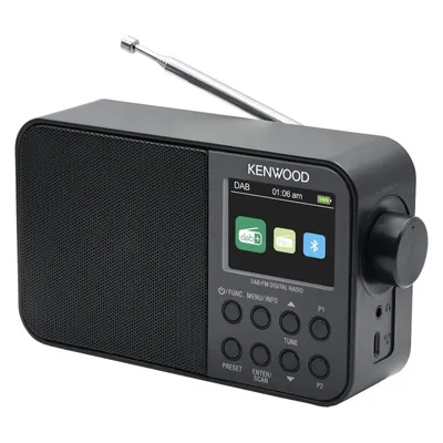 A black Kenwood DAB+ radio with an extended antenna, displayed against a white background.