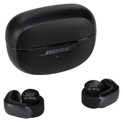 A black charging case and two black earbuds for wireless headphones are displayed against a white background.